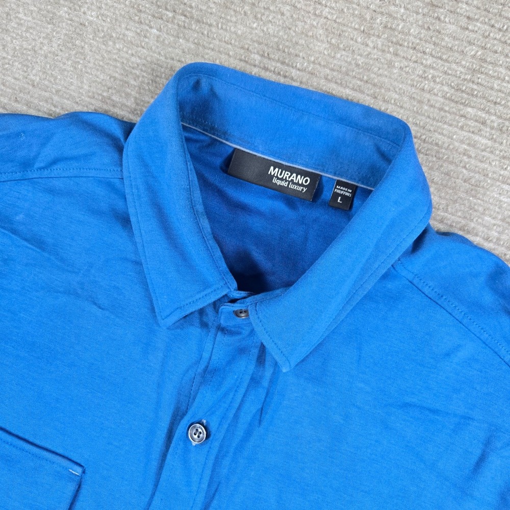 Murano Mens Large‎ Blue Liquid Luxury Cotton Pocket Short Sleeve Button Up Shirt